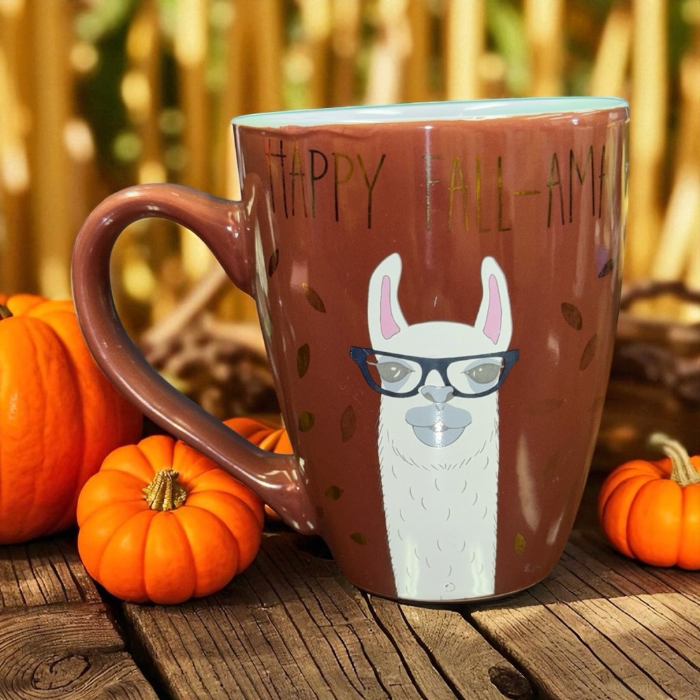 Happy Fall-ama White Llama with Glasses Coffee Mug Tea Cup Cute Fall Decor Brown